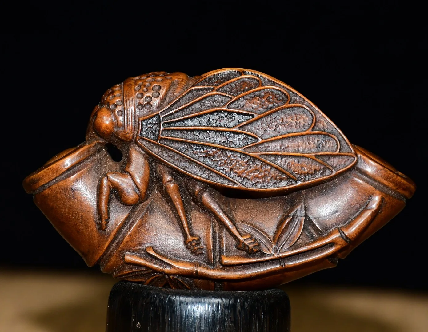 

3"Tibetan Temple Collection Old Boxwood Golden Cicada Statue bamboo tube make a great coup Amass wealth Ornaments Town house