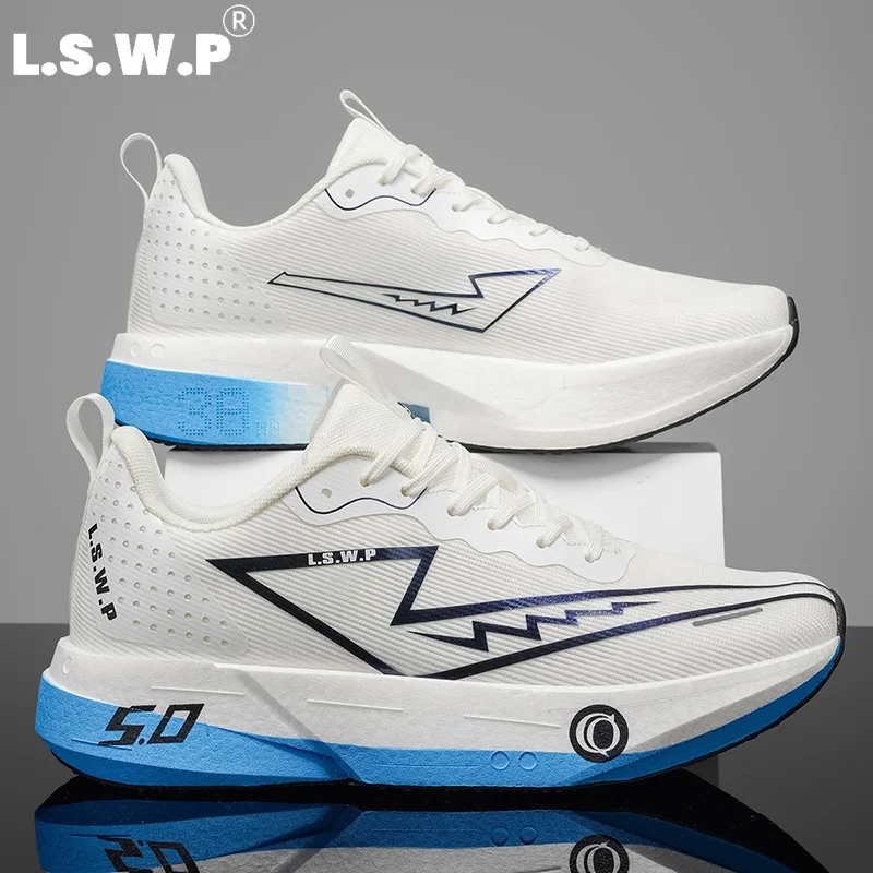 Men's Running Shoes, Tennis Shoes, New Model 5.0, Sports Racing Running Shoes, Finely Perforated Mesh Surface Improves Breathability, Thick Carbon Plate Structure Provides Strong Propulsion. Wear-Resistant, Non-Slip Soles with Stable Grip, Simple Geometric Patterns, Suitable for Physical Exams, Training, and Jogging Fitness Needs.