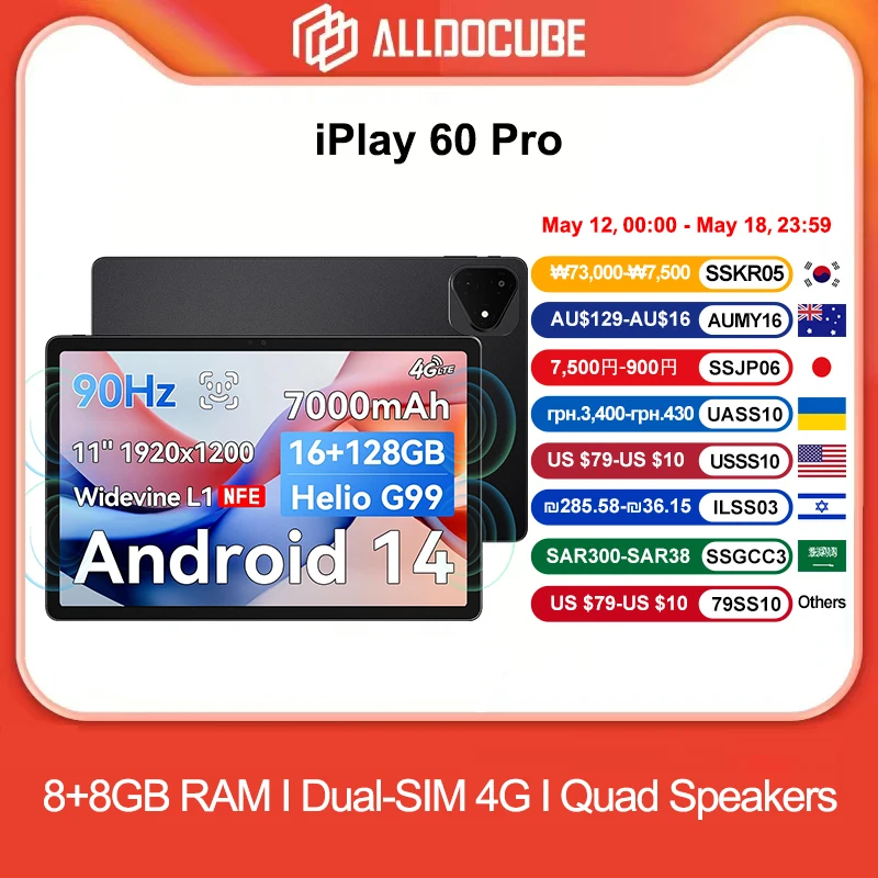 Alldocube iplay 60 pro 11 polegada tablet pc 90hz 6 + 10gb rom 128gb ram 4g lte & wi-fi android 14 helio g99 octa núcleo 7000mah 18w pd
