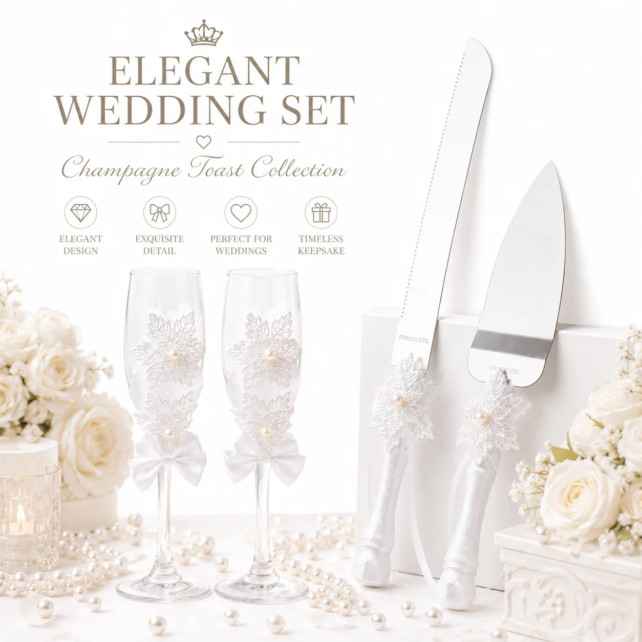 

4-Piece Wedding Cake Cutting & Champagne Flute Set with Lace, Pearl & Satin Bow Decor Bridal Ceremony Toast Set