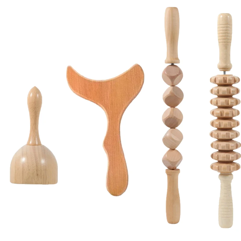 4 In 1 Wood Therapy Massage Tool Lymphatic Drainage Massager Anti Cellulite Fascia Massage Roller for Full Body Muscle relaxatio