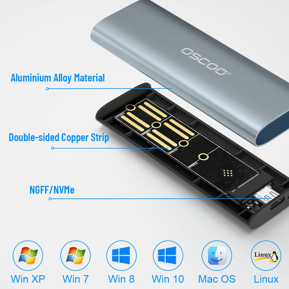 OSCOO M2 SSD-behuizing M.2 NVMe SATA SSD-behuizingsadapter 10Gbps USB 3.2 Gen2 USB C externe behuizing Ondersteunt M- en B&M-sleutels