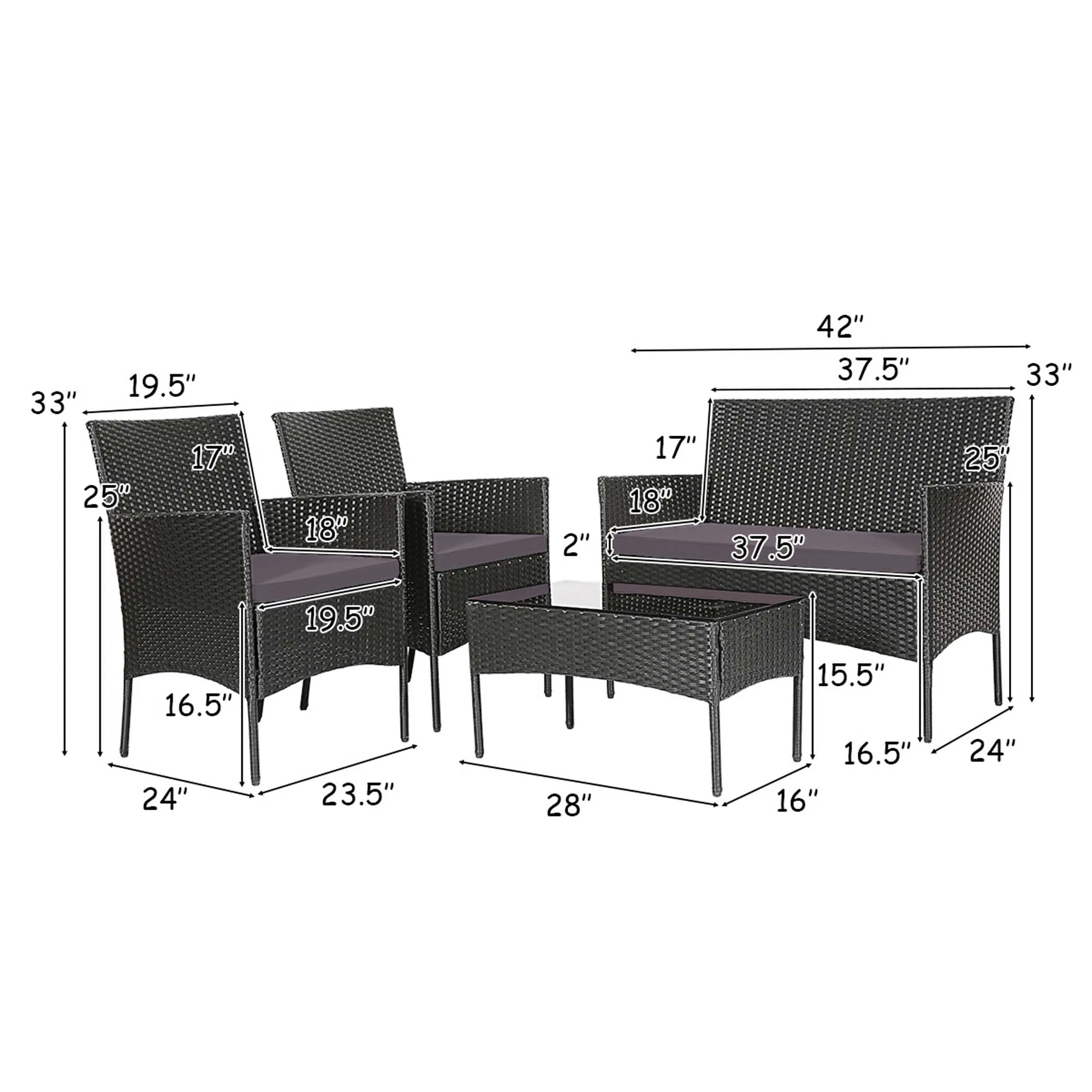 Conjunto de muebles de mimbre para Patio, sofá acolchado, mesa de centro, Patio trasero, gris, 8 piezas