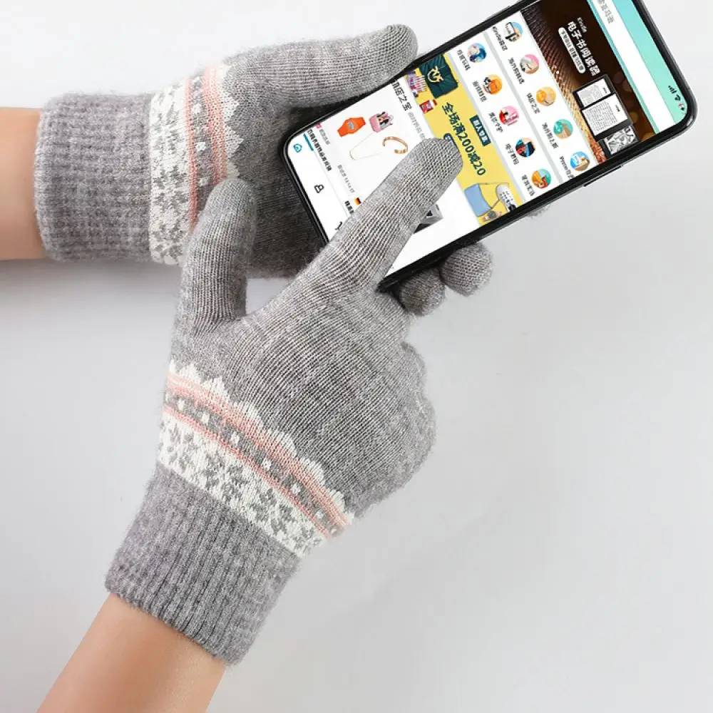 Women Winter Warm Gloves Knitted Jacquard Pattern Thickened Thermal Lining Touch Screen Sensitive Fingers Windproof Daily Wear