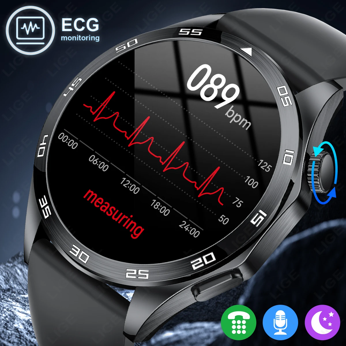

LIGE New ECG Smart Watch Men HD Screen Bluetooth Call Music Voice Assistant Sport Watch Message Remind Fitness Men Smart watches