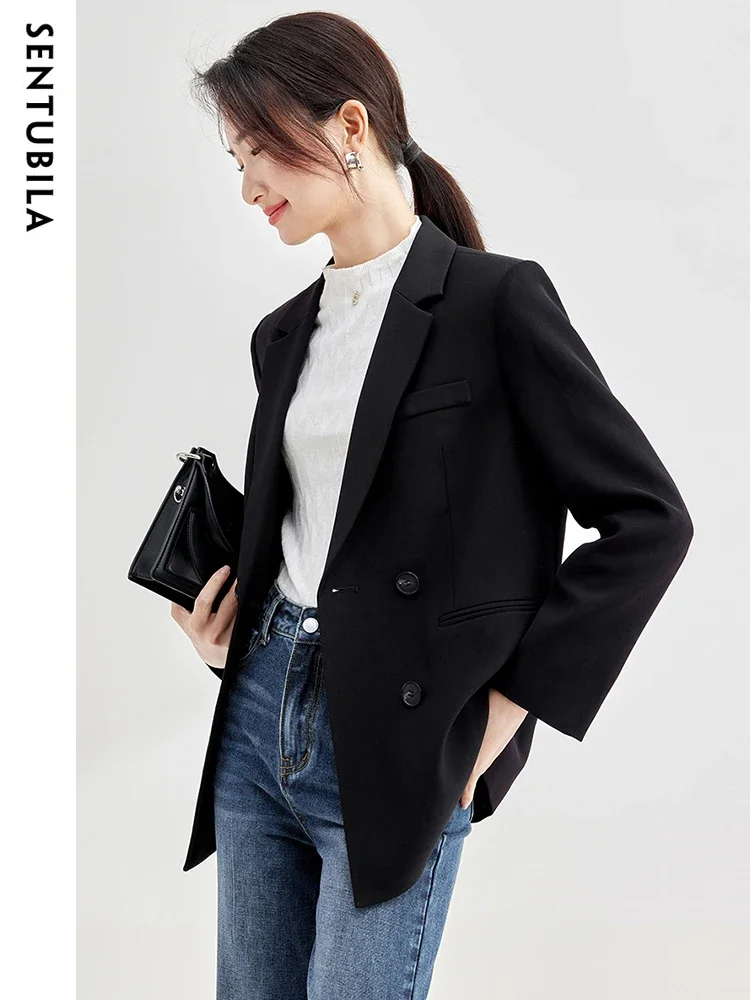 SENTUBILA Black Tailoring Blazer Women 2025 Elegant Notched Double Breasted Jacket New In Outerwears Woman Clothing 133X49854