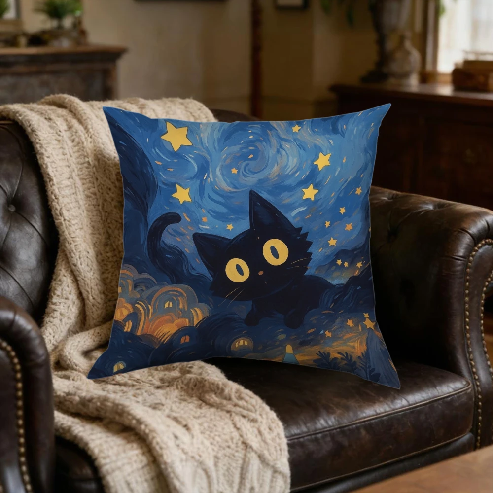 1pc Cartoon Black Cat Starry Night Cushion Cover Blue Yellow Soft for Sofa Bed Living Room Home Decor