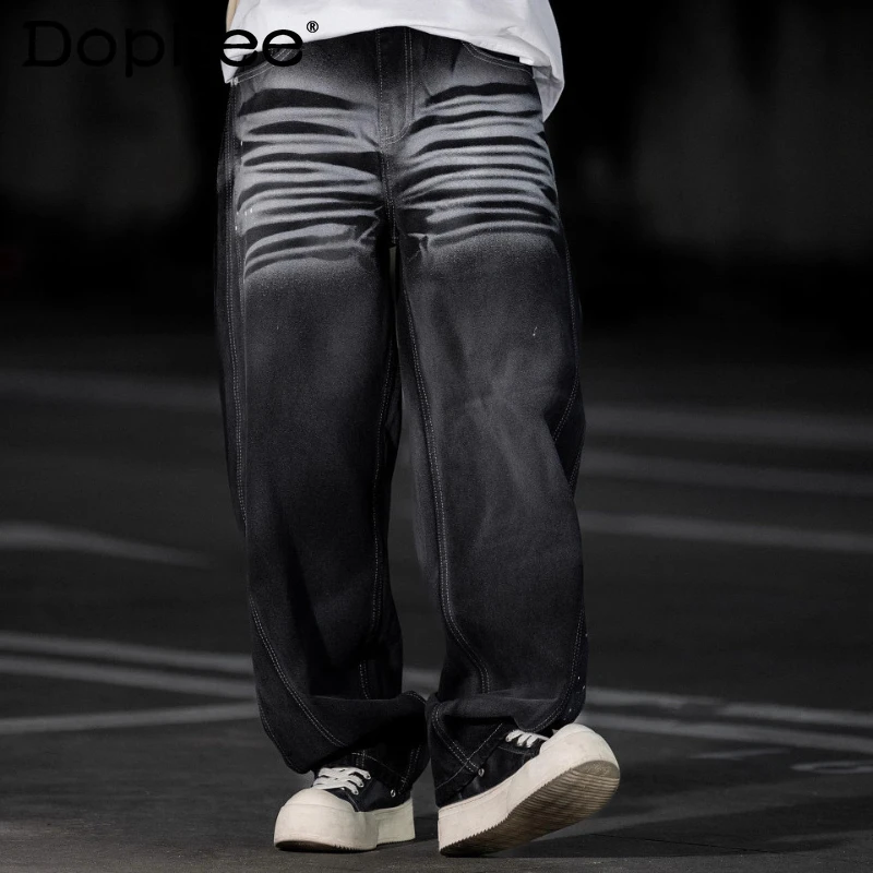 

Men's 2025 Autumn New Fashion High Street Gradient Color Personalized Design Graffiti Jeans Loose Handsome Straight Denim Pants