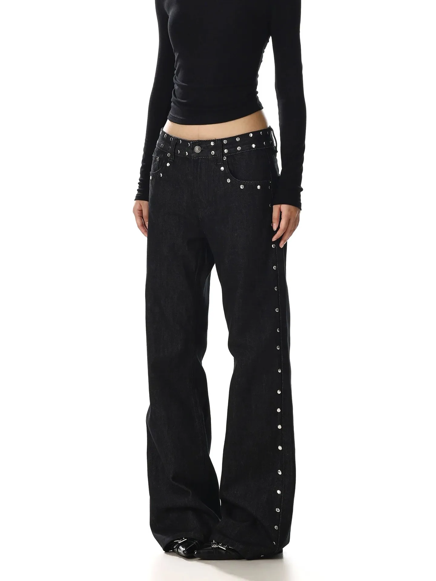 American Retro Rivet Design Jeans Autumn Fashion Street Style Women's Leopard Print Pocket Splicing Straight Leg Denim Pants