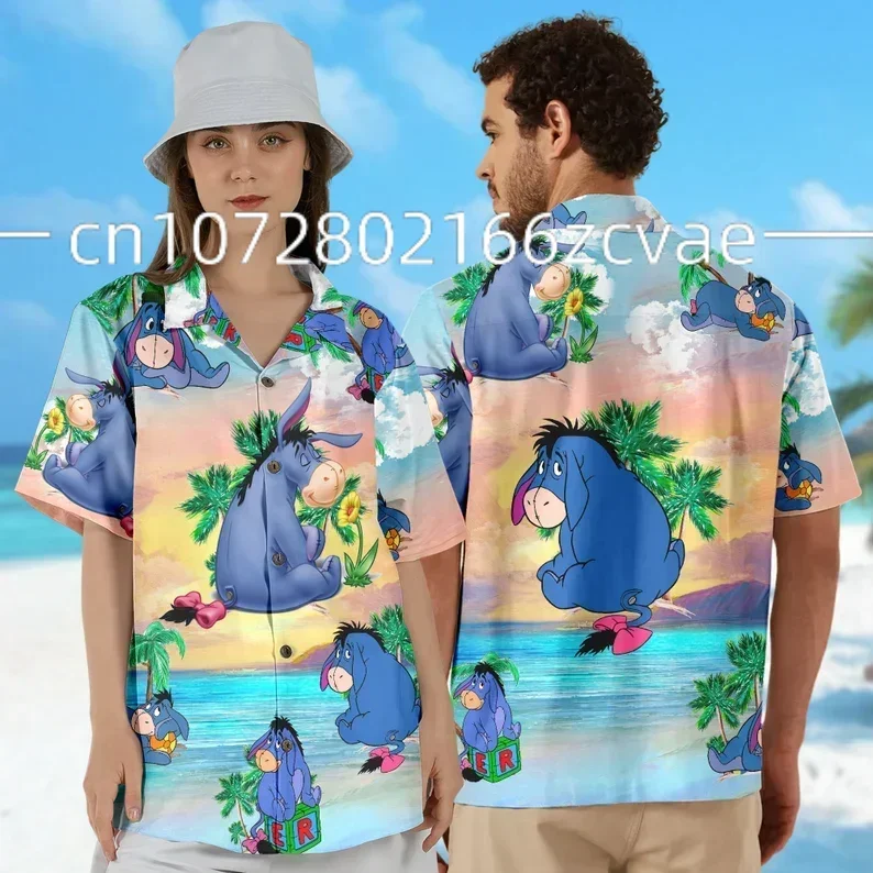 Eeyore Tropical Leaves Hawaiian Shirt Summer Fashion Short Sleeve Shirts Men Women Casual Beach Shirts Disney Hawaiian Shir