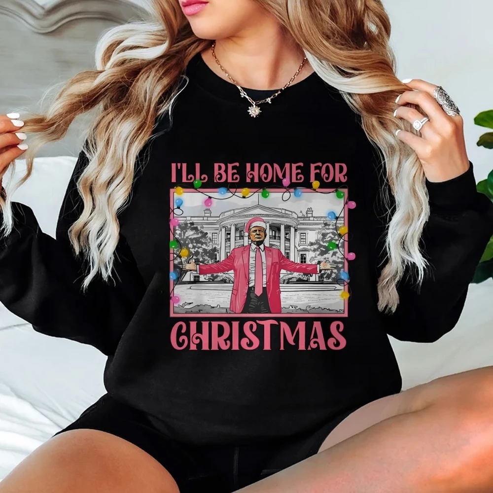 I'll be Home Top damski Trump Character Print Christmas Style Unisex Bluza z kapturem Bluza codzienna Modny długi rękaw