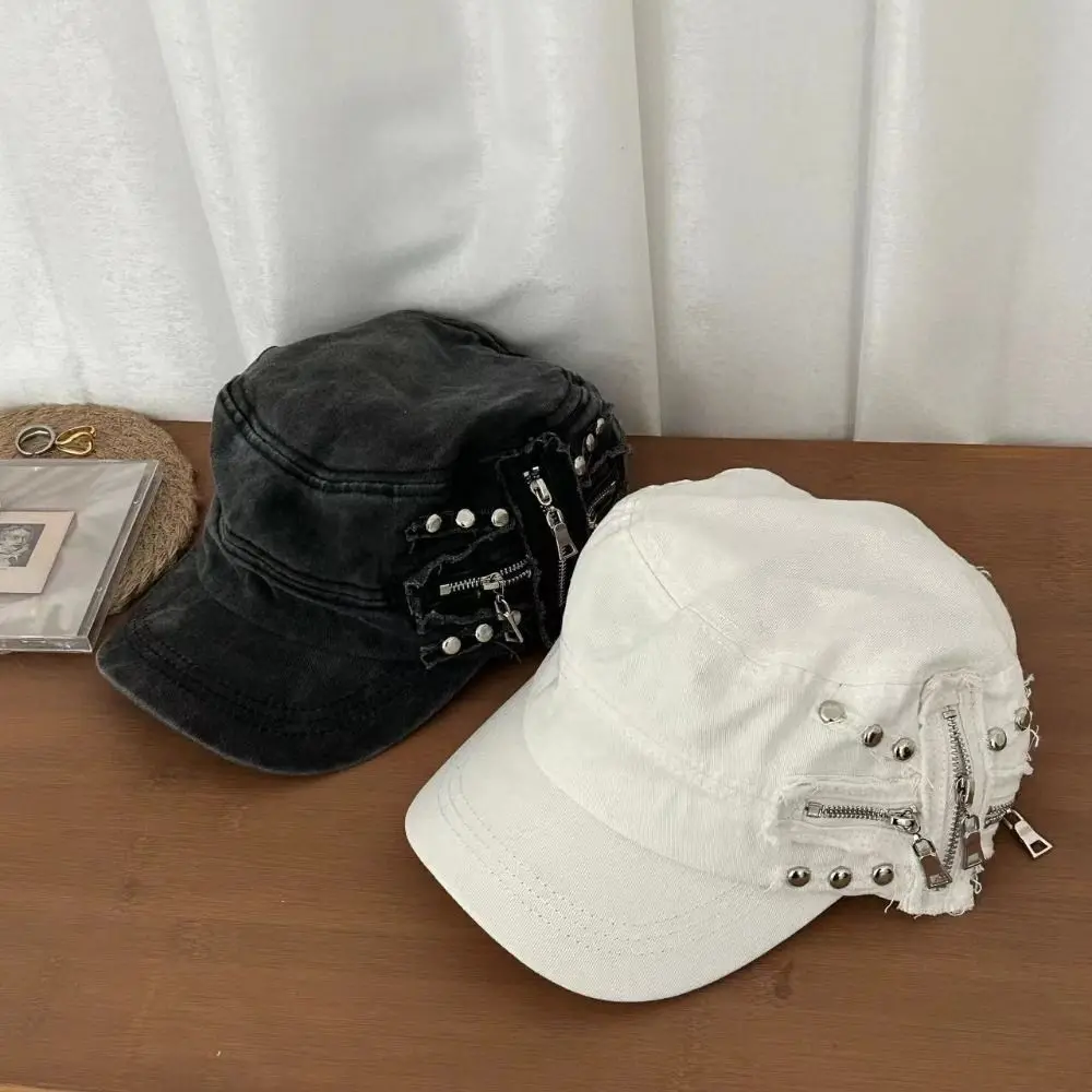 Personality Cloth Rivet Denim Beret Zippers Y2k Equestrian Hat Fashion Korean Style Retro Baseball Cap Ladies