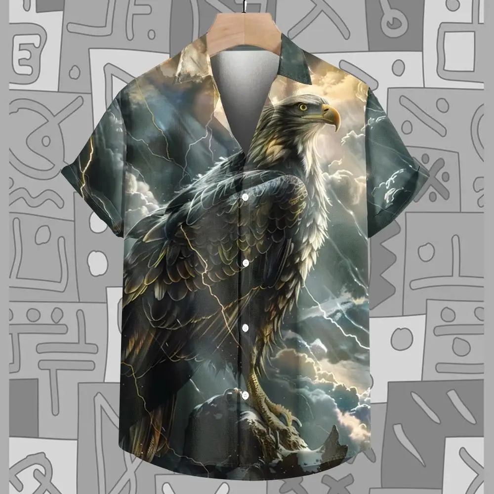 Camisa havaiana com estampa 3D masculina, Eagle Graphics, botão, manga curta, lapela, streetwear, blusa, moda verão