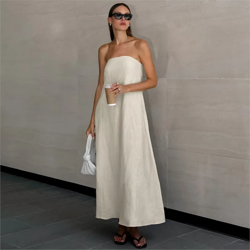 Fashion Elegant Simple Design Strapless Cotton Linen Long Dress Women Summer Solid A-Line Backless Wrap Chest Maxi Vestidos