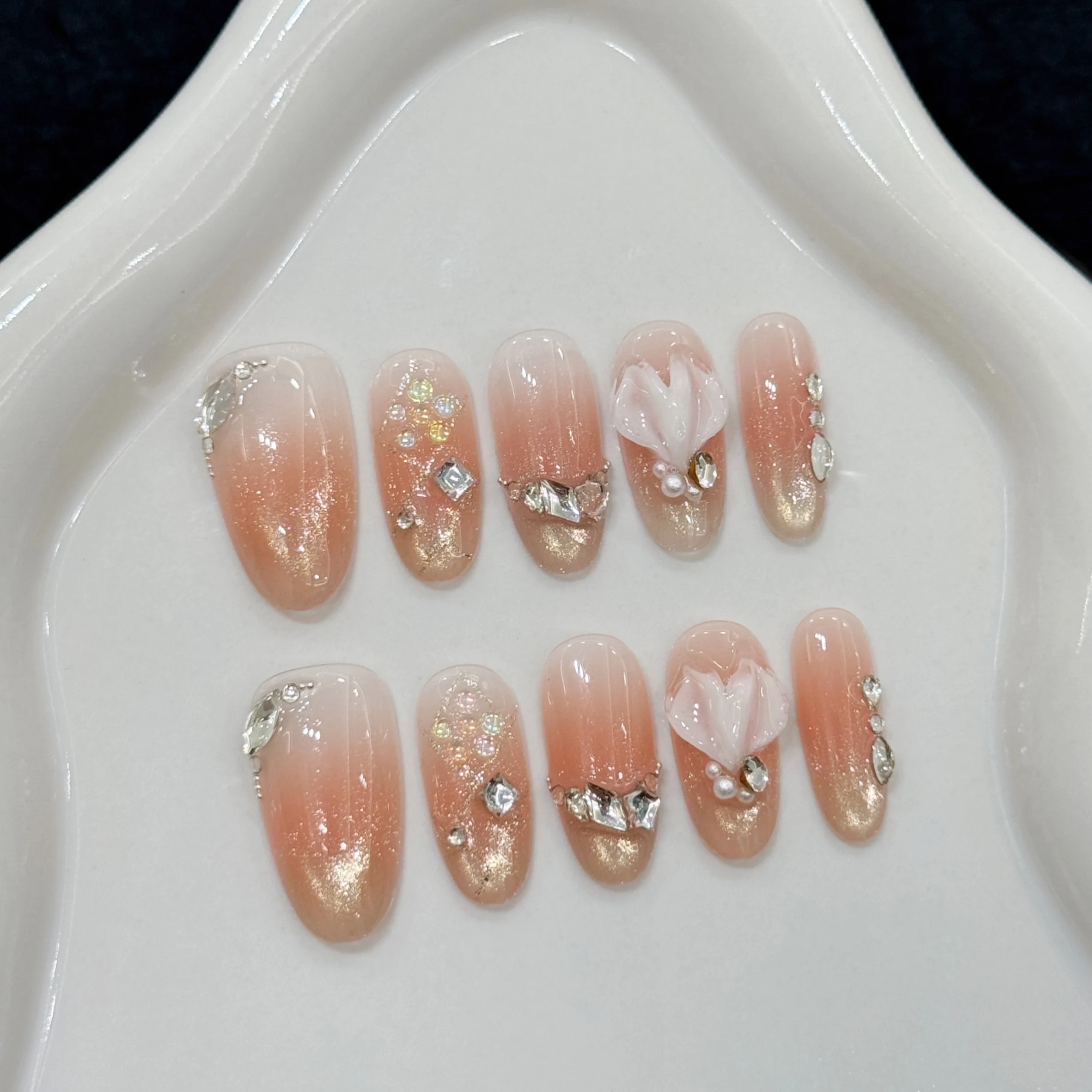 

10Pcs Oval Fake Nails Handmade Press On Nails Shiny Gradient Pink French False Nail Tips With Colorful Crystal Wearable Resuable