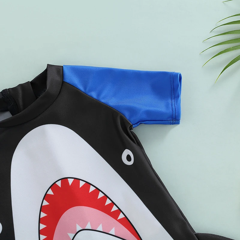 Boys Cartoon Shark Swim Trunks Blue Patchwork Short Sleeve  Bathing Suit 9 Months-4 Years Beachwear for Kids