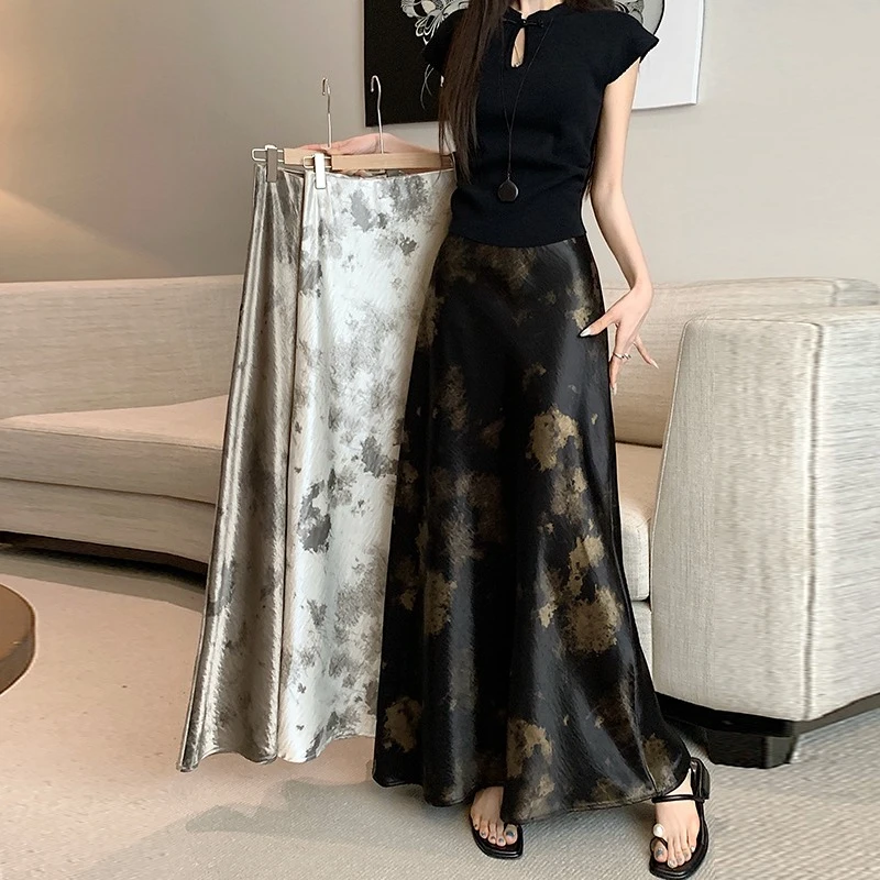 Summer High Waist Vintage Ink Printed Women's Satin Mermaid Skirts 2026 New Classic Korean A-line Fishtail Wrap Skirt Female