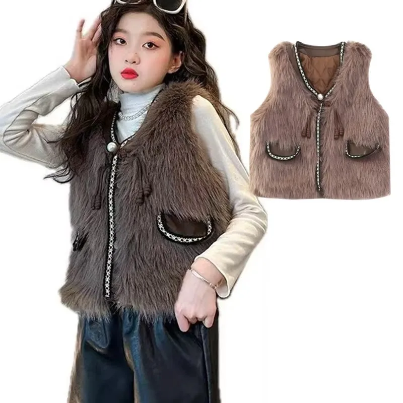 

Kids High Streetwear Fall Winter Fur Waistcoat Child Clothes for Girls Brown Sleeveless Jacket Elegant Teenager Fur Vest 5-14 Y