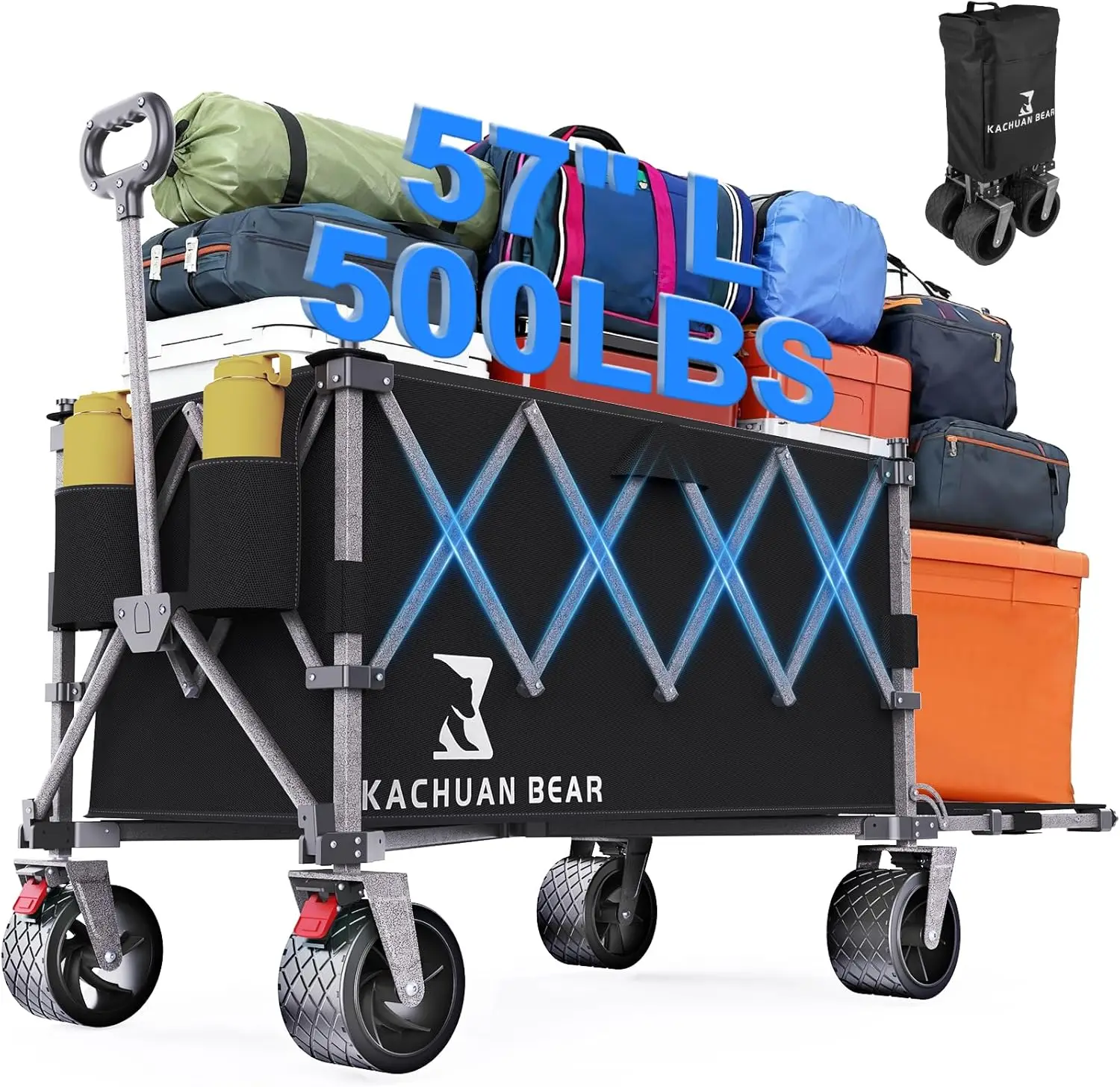 

57-дюймовая большая складная тележка с задней дверцей и тормозом, грузоподъемность 227 кг, универсальная тележка для пляжа, сада и покупок