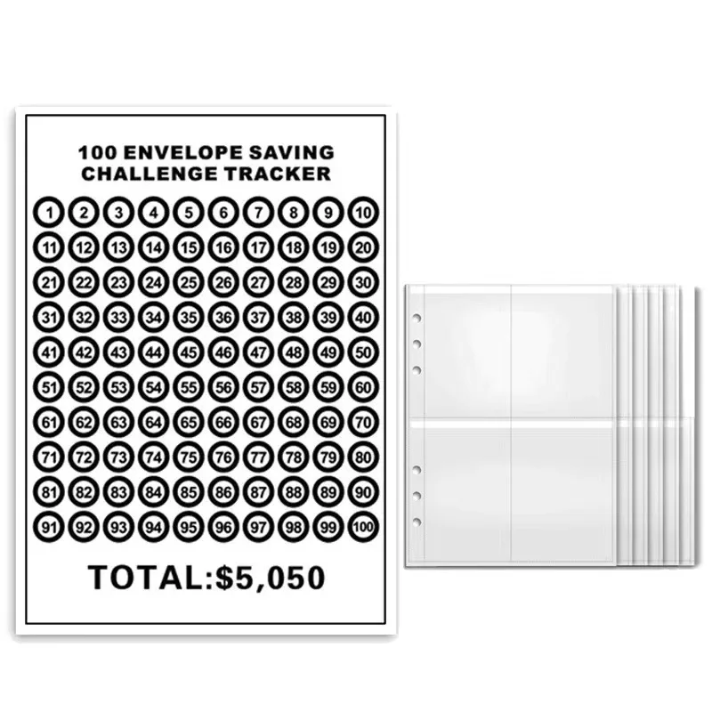 100 Envelope Challenge Binder 1-100 Day Challenge Savings Loose Leaf Notebook Refill Replacement Sticker