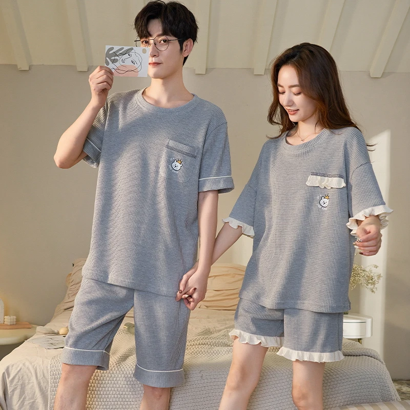 Newest Summer Couple Pajamas Set Solid Short Sleeve Sleepwear Women And Men 100% Cotton Pijama