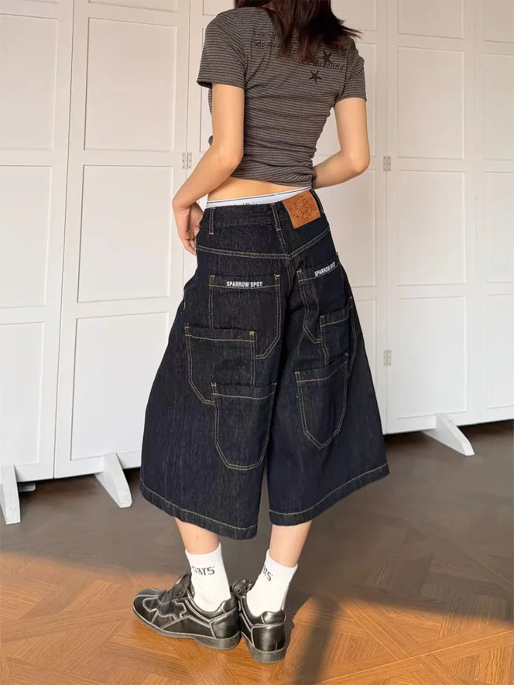 Summer Women's Multi-pocket Design Vintage Denim Shorts Unisex Streetwear Wide Leg Pants Female 90s Fashion Calf-length Trousers