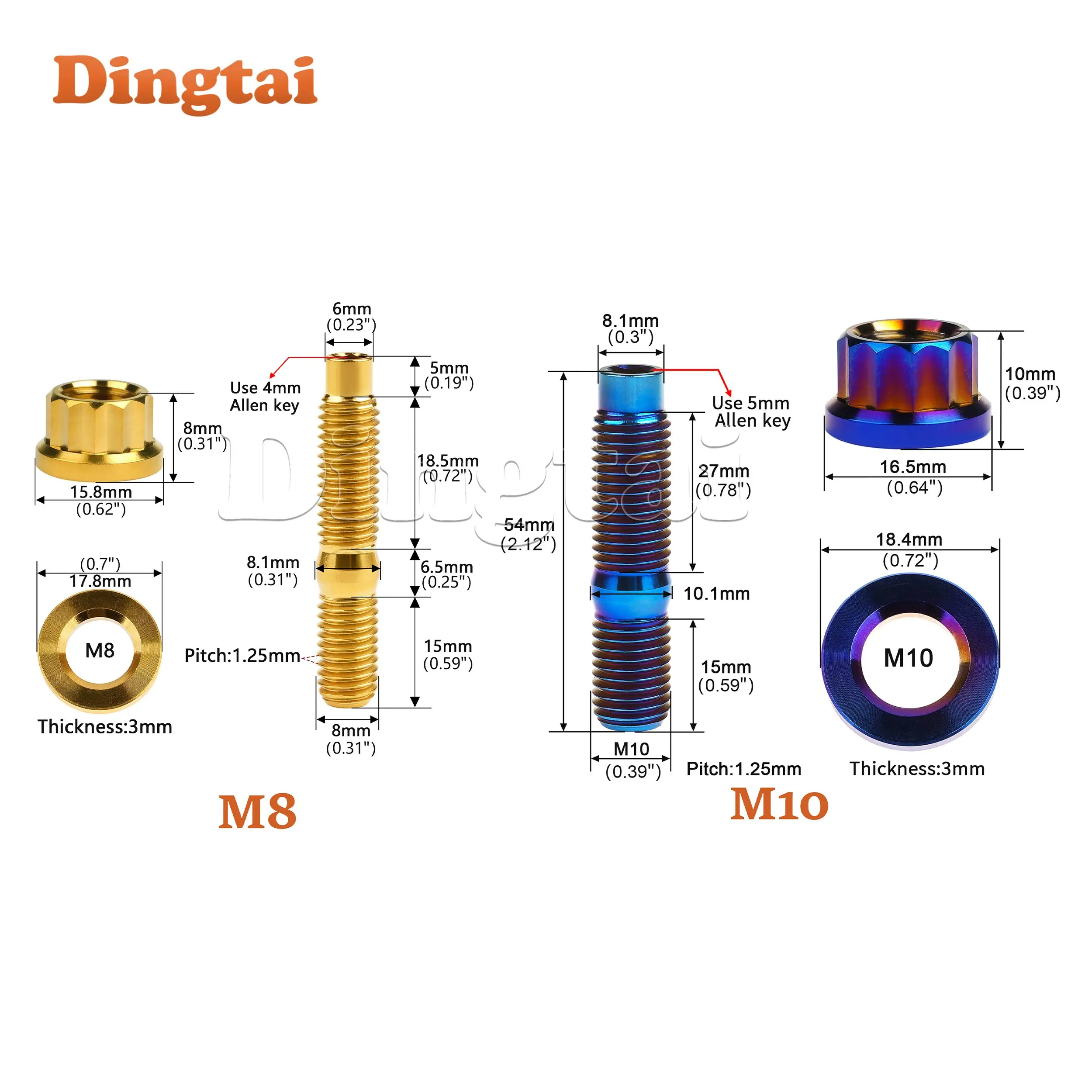 Dingtai parafuso de titânio 2/6/10 peças m8x45/55/65 m10x45/55mm liga coletor de escape automotivo parafusos porcas arruelas kit conjunto