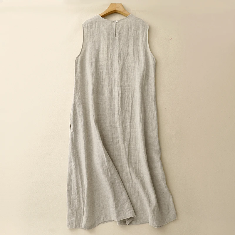 2025 sommer Neue Hochwertige Modische Baumwolle Leinen Weste Kleid frauen Lose-fit Rundhals Einfarbig Grundlegende kleid N848