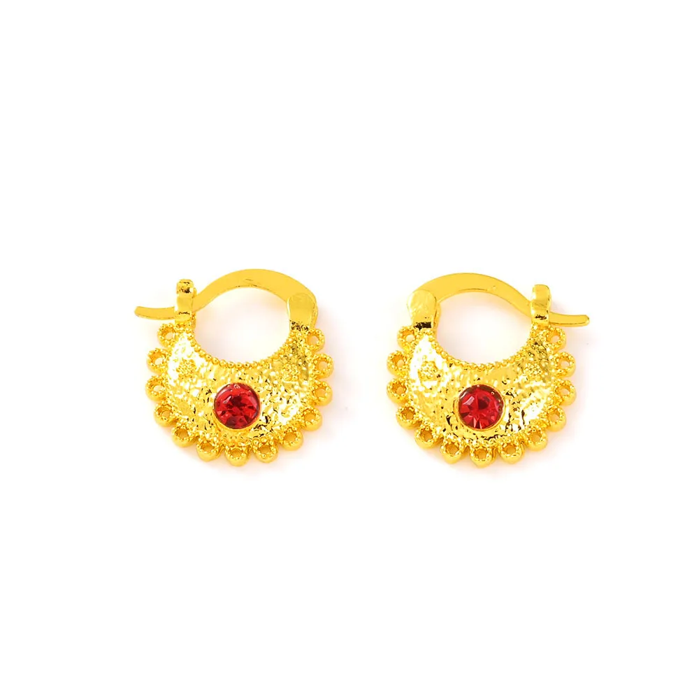 Gold Color Lovely Red CZ Round Circles Huggies Hoop Earrings Kids Children Women Girls Boy Jewelry African Christmas Party Gift