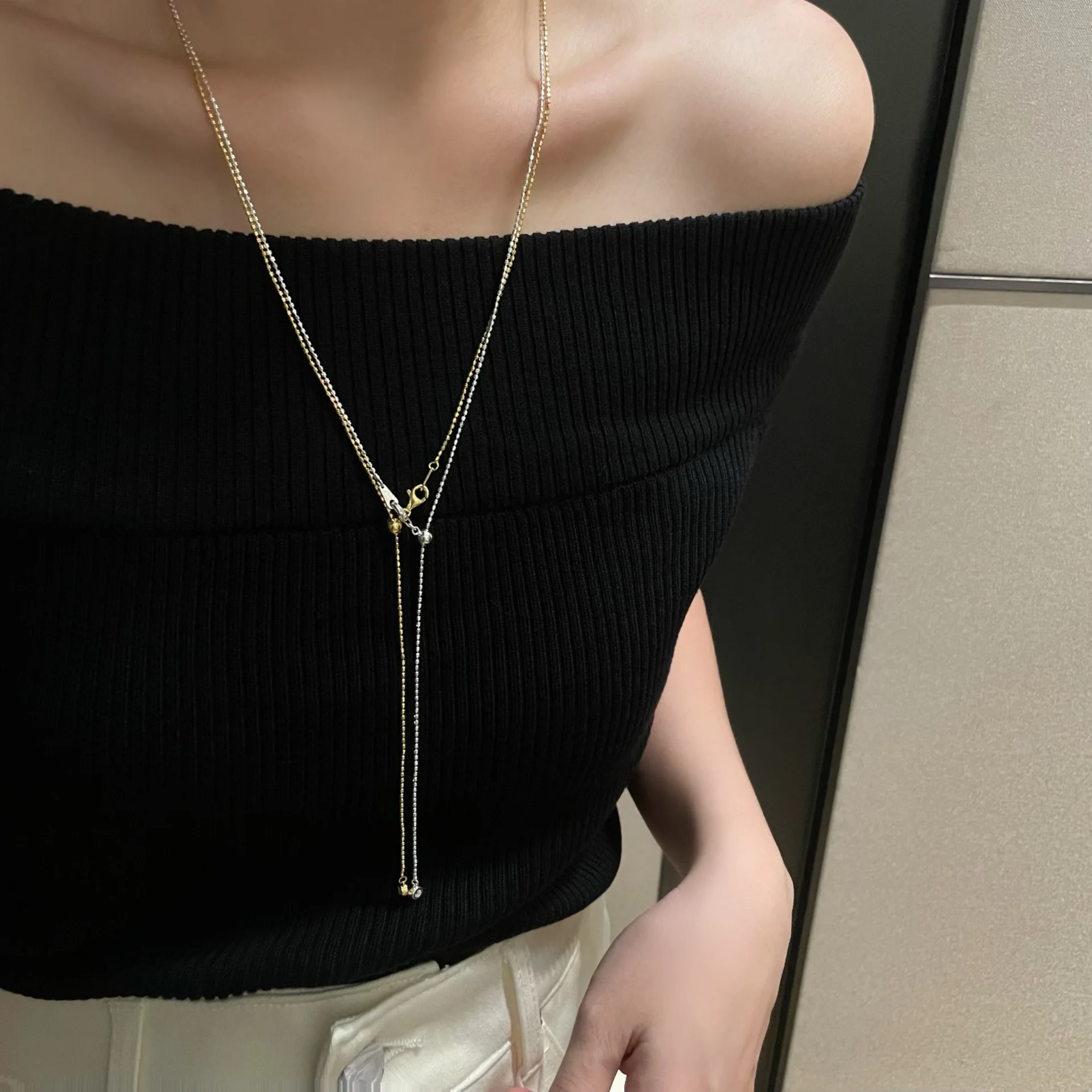 

Цепочка для свитера из стерлингового серебра S925 с эффектом высококачественного исполнения, легкая роскошь, многослойное и сверкающее ожерелье с круглыми бусинами.