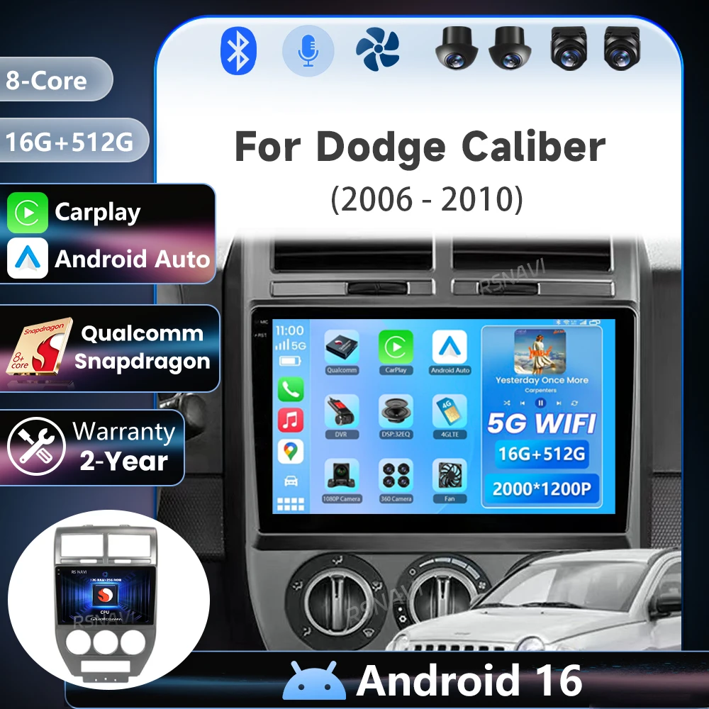 Android 16 Qualcomm Carplay Car Radio Multimedia Player For Dodge Caliber Jeep Compass 1 MK Patriot 2006 - 2010 GPS  2din Stereo