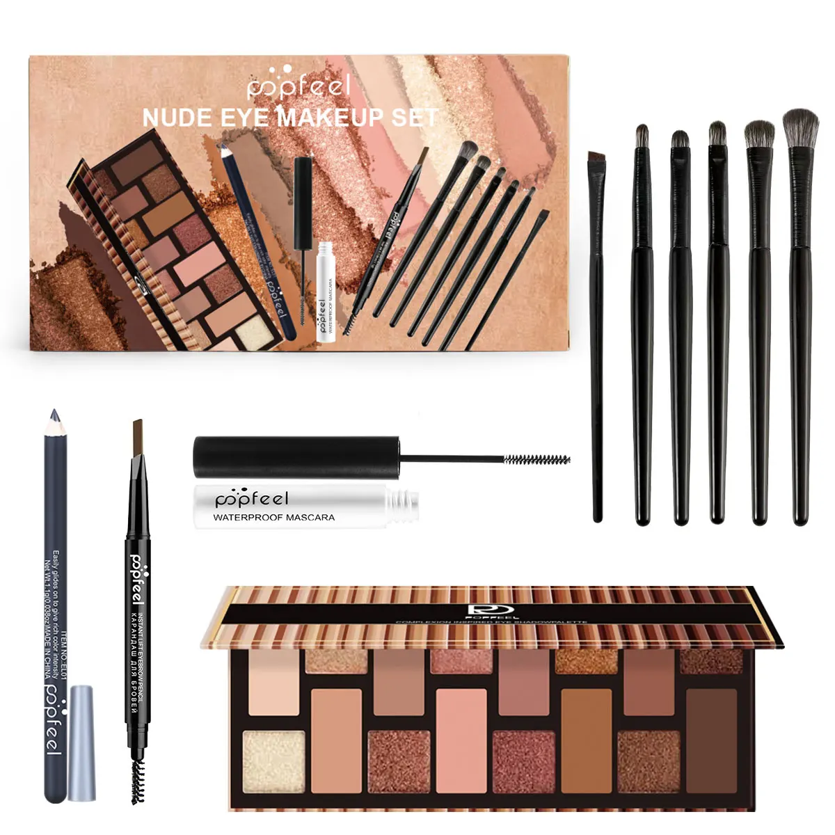 POPFEEL Nude Eye Makeup Set - 12-Color Eyeshadow Palette, Eyeliner, Mascara, & 7pcs Brush Set -Reusable & Long-Lasting Cosmetics
