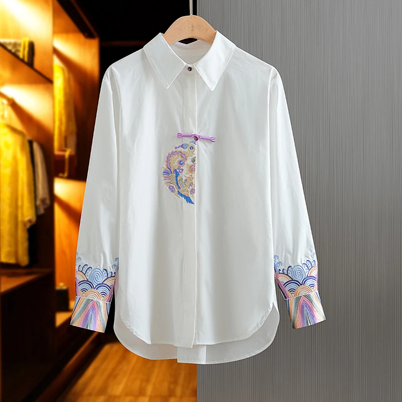 

QOERLIN Chinese Style Embroidered Cotton White Shirts Women Fashion Luxury Floral Button Up Casual Tops Blouse Spring Fall Tops