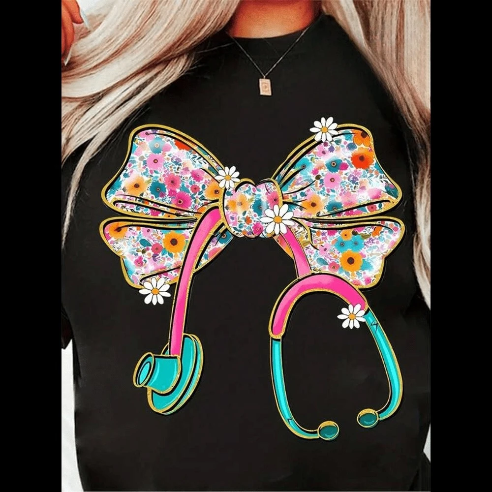 Women Floral Bowknot Print T‑Shirt Elegant Stretchy Nursing Scrub Top Short Sleeve Work Tee For Nurse Healthcare Worker Basic Top