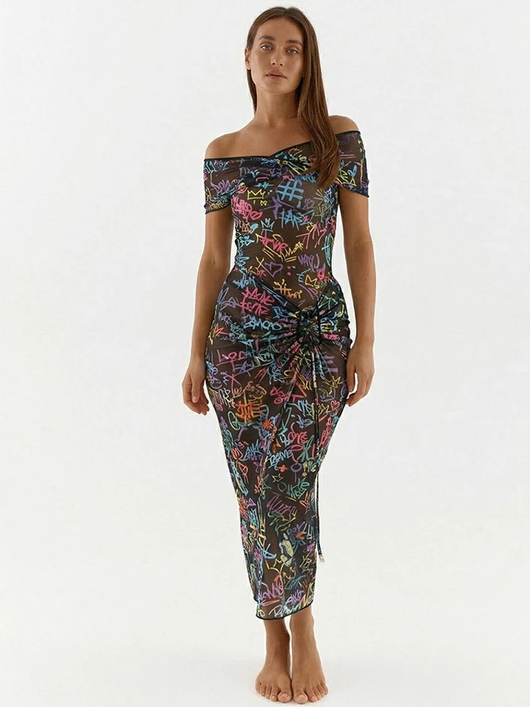 

Летние пляжные накидки для женщин: короткие рукава, новинка 2026 года, с принтом, для отпуска, сетчатые макси-платья-накидки