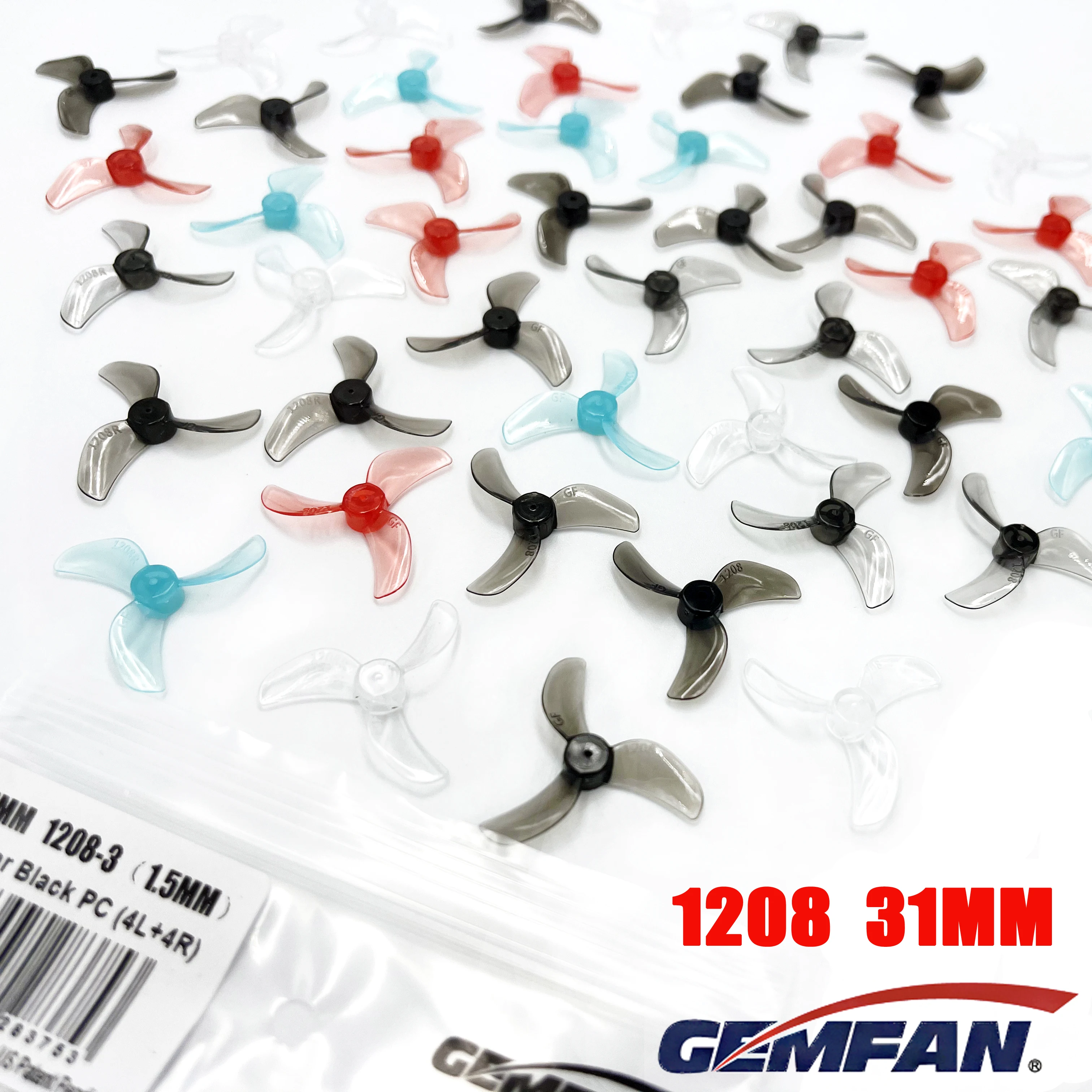 16PCS 8Pairs Gemfan 31mm 1208 3-Blade PC Propeller 0.8mm/1mm/1.5mm Hole for FPV Freestyle Tinywhoop Drone 0702 27000KV