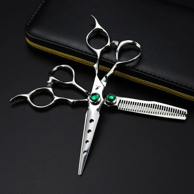 6.0 inch Nimpson, double sword type, green gemstone, hair scissors, straight scissors, tooth scissors