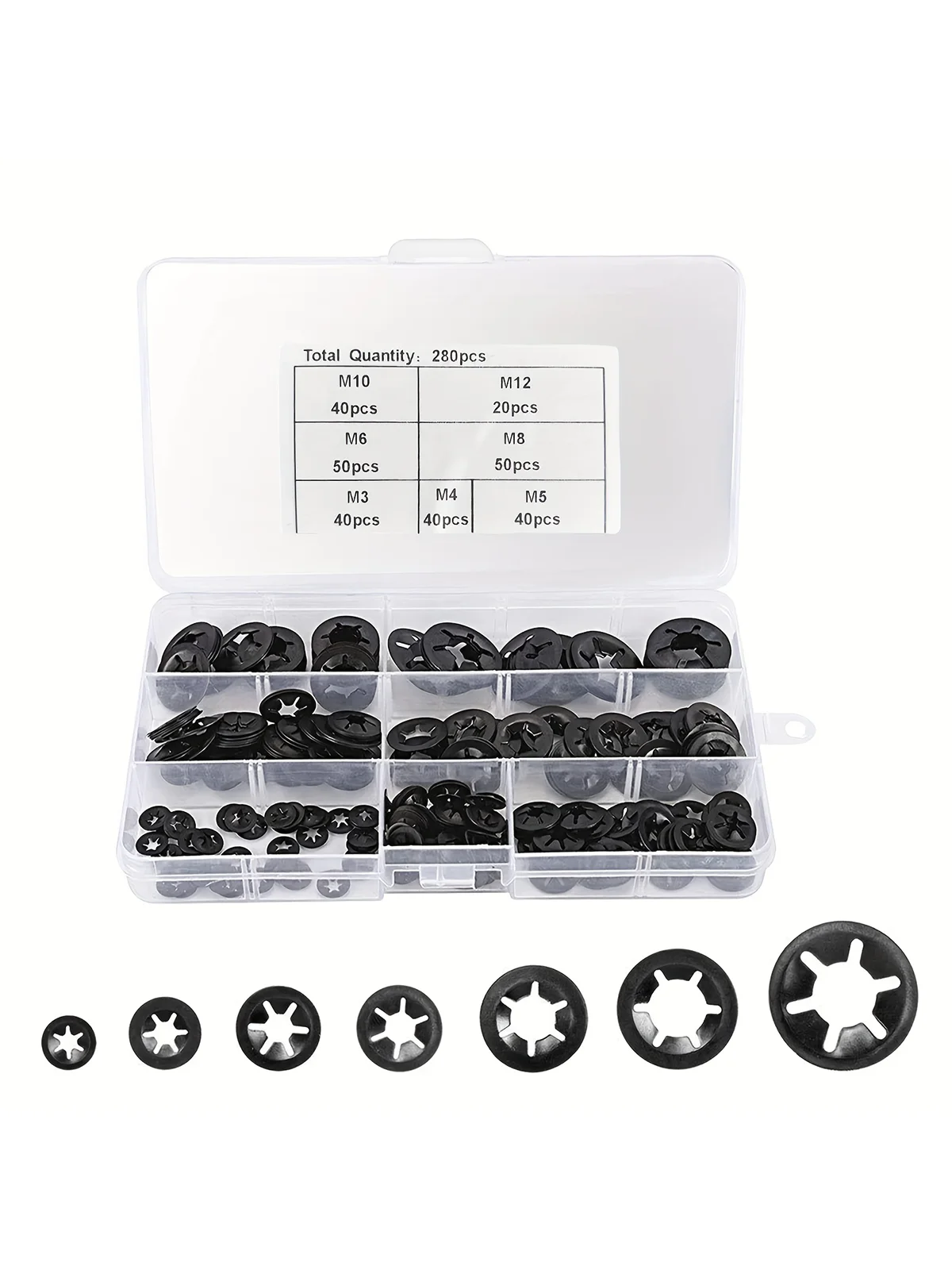 280pcs Internal Tooth Washer Kit, Locking Washers, Push Nuts, 7 Sizes Assortment of Push-On Speed Clips for Shaft&Stud