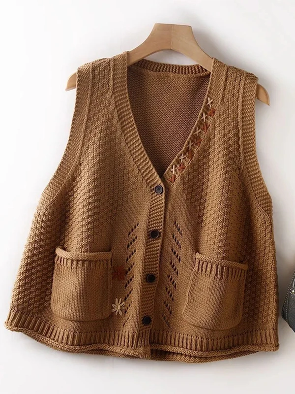 Retro Embroidered Knitted Vest Women's Loose Casual Sleeveless V-Neck Top Early Autumn New Style Comfortable Breathable