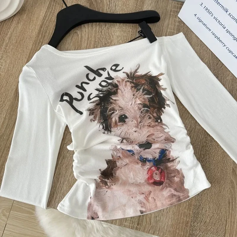 

Модные футболки с открытыми плечами с принтом собаки, женские весенние укороченные топы в стиле Харадзюку с тонкой талией и длинными рукавами, милые универсальные футболки Y2k