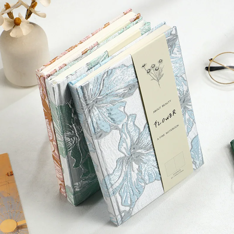 A5 Hardcover Notebook Embossed Golden Thread Lily Jacquard Fabric Cover Lined Pages Elegant Flower Journal Student Writing Diary