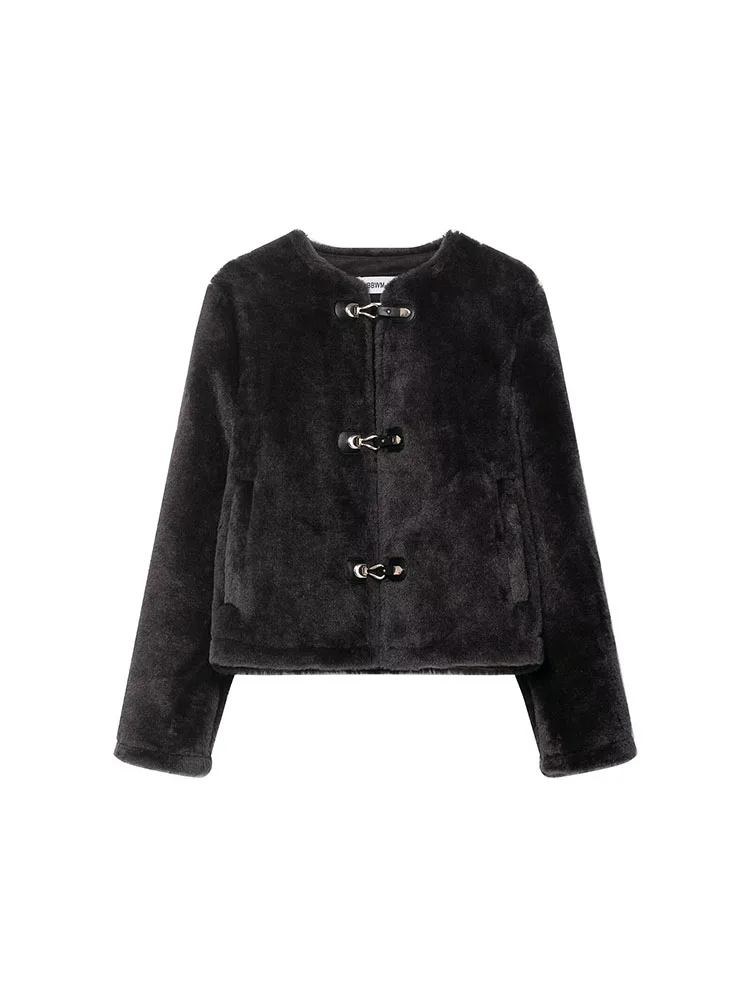 HH Women's Autumn And Winter New Double-Sided Jacket With Knot Buckle, Faux Fur Decoration, Slimming Short Style Jacket