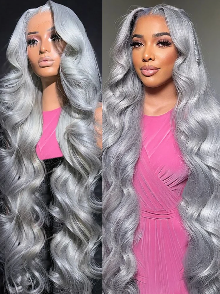 

40 Inch Silver Grey Colored Body Wave Human Hair Wigs Brazilian HD Transparent 13x6 13x4 Lace Frontal Wigs For Women 250 Density