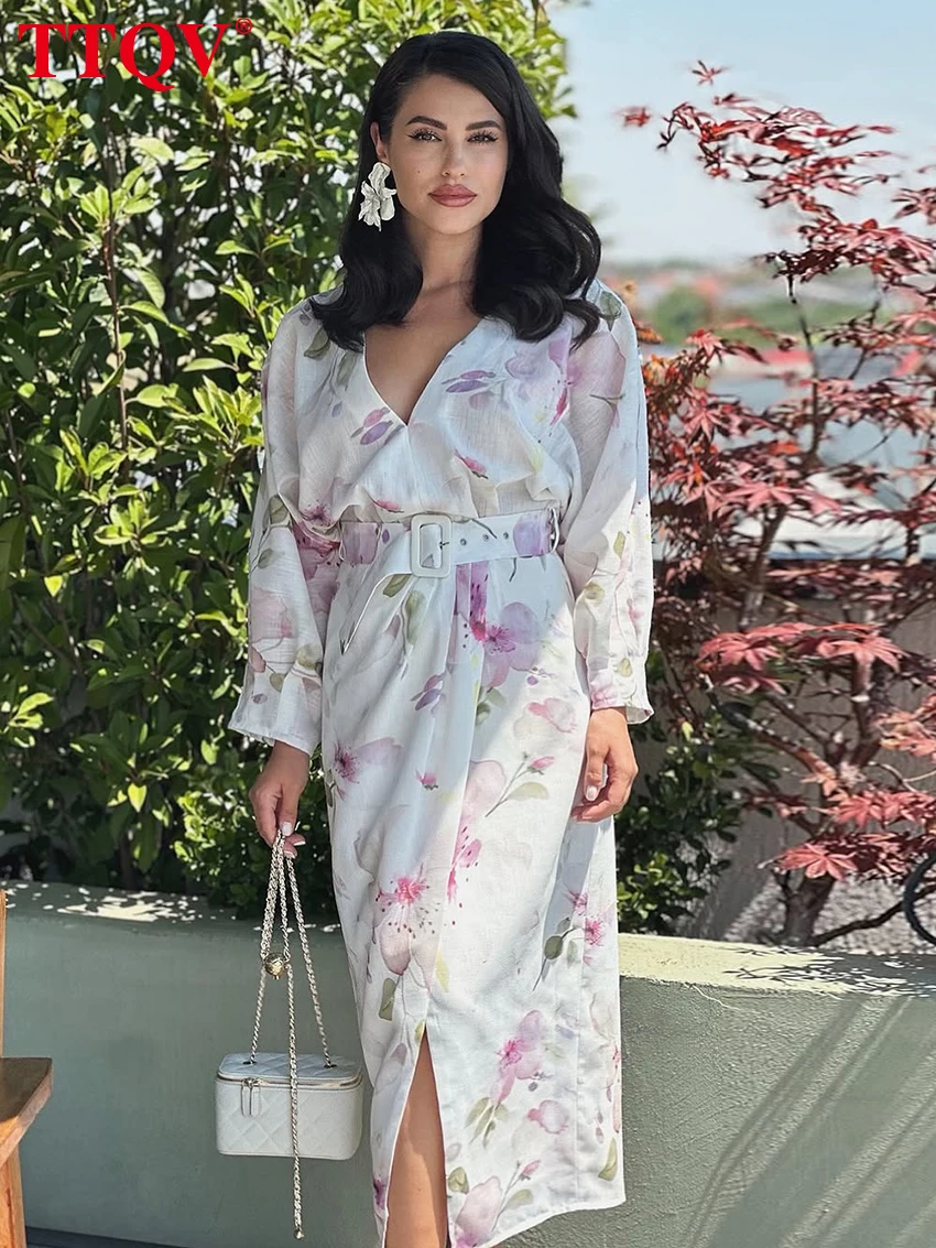 

TTQV Fashion Loose Print Women's Dress 2026 Spring V-Neck Long Sleeve Midi Dresses Elegant Classic Belt Female Dress Streetwear