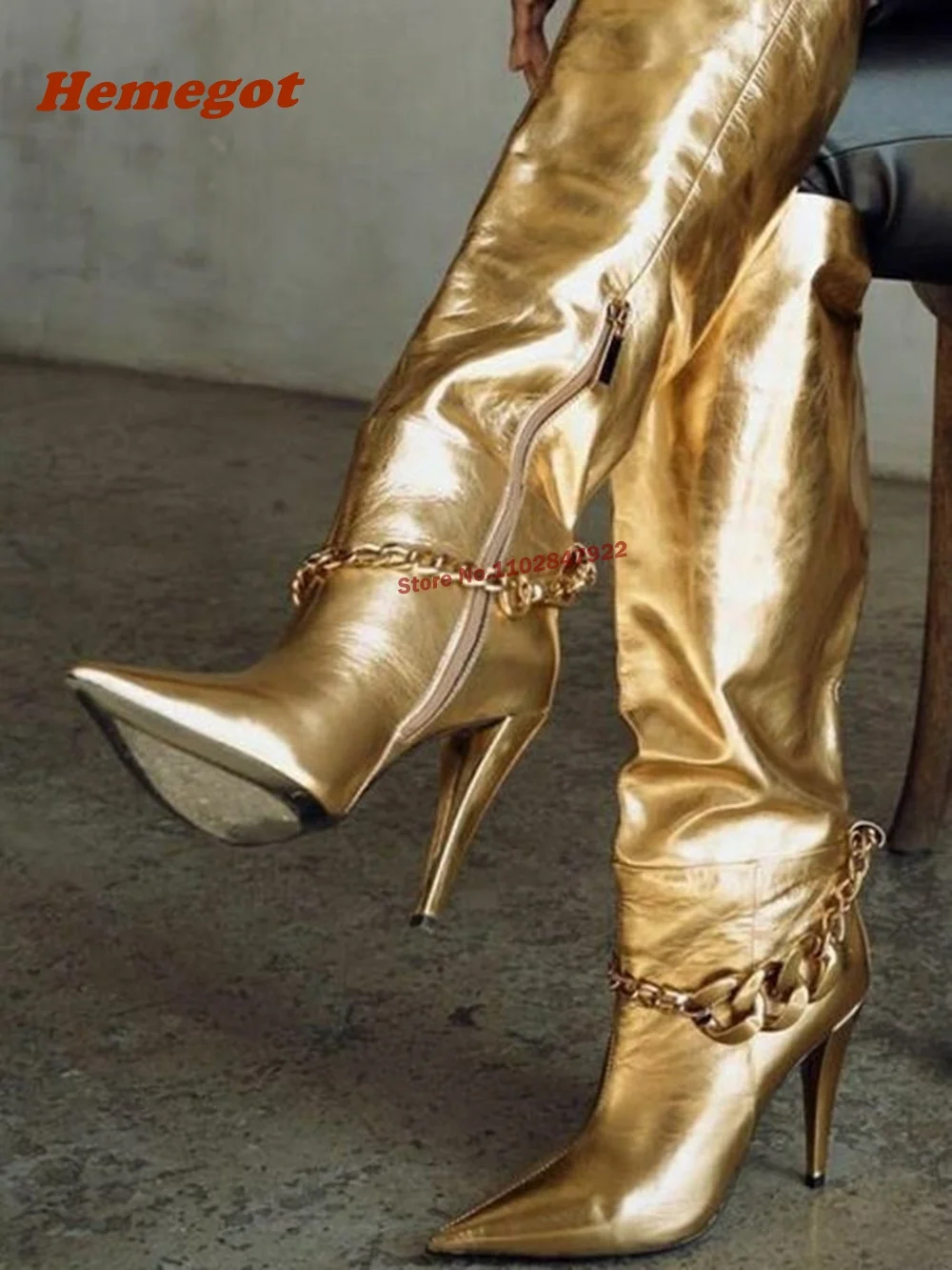 

Gold Chain Glossed Leather Knee Boots Pointy Toe High Heels Side Zipper Winter Boots for Female Solid Newest Fashion Shoes Sexy