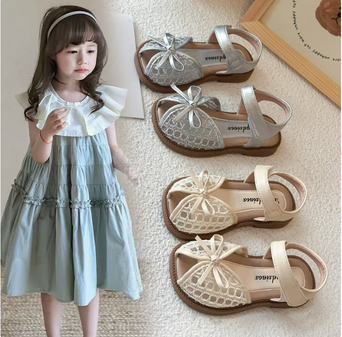 

Новые летние сандалии для девочек, пляжная обувь в стиле принцессы, плетеные детские сандалии с открытым носком, милая мягкая дышащая обувь с бантом-бабочкой