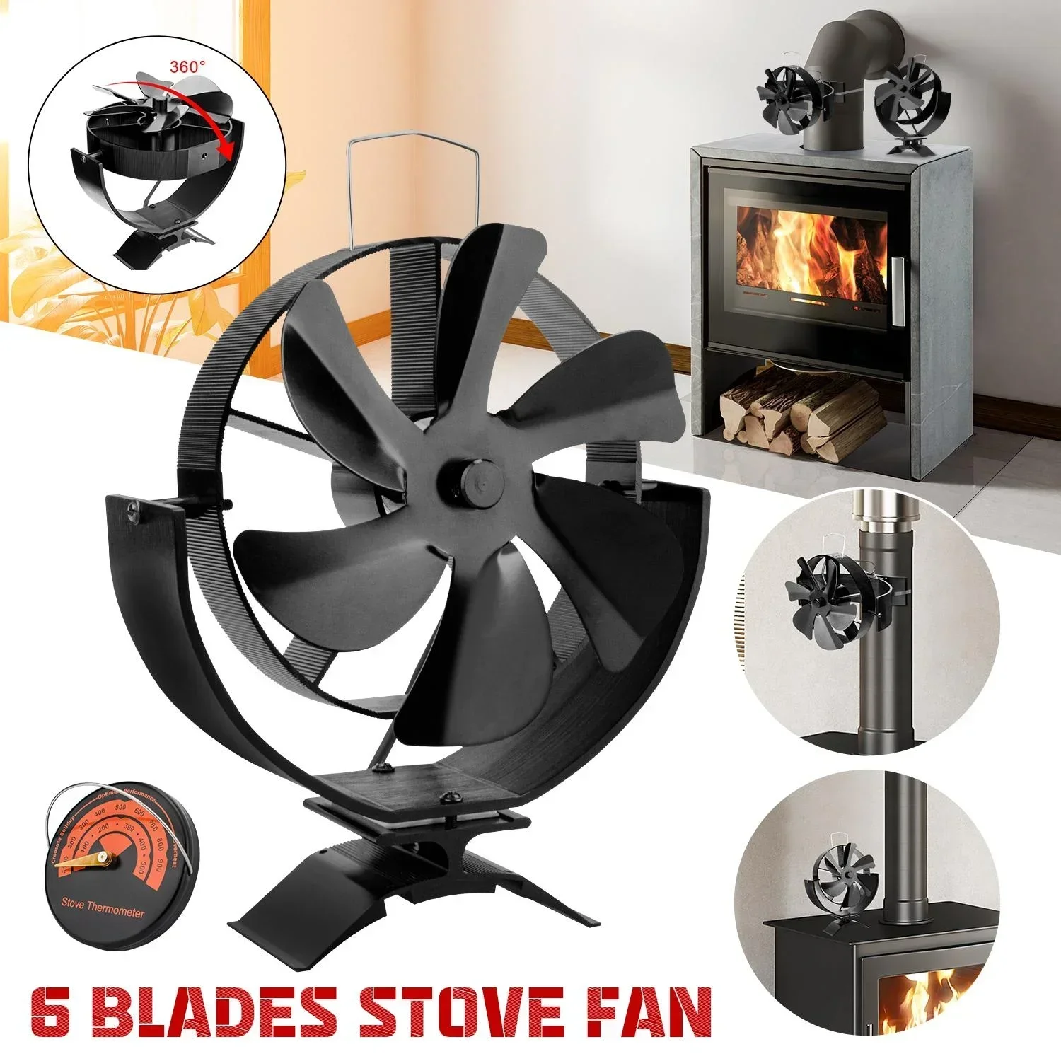 

6 Blades Stove Fan Heat Powered Fireplace Fan Log Wood Burner Eco-fan Quiet 360° Rotating Fan Home Winter Warm Heat Distribution