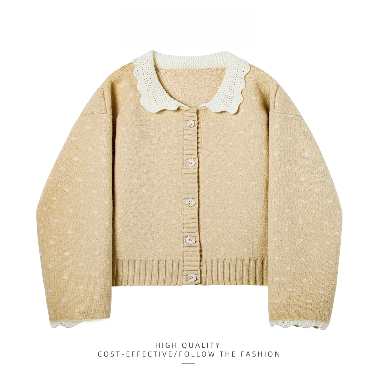 

Sweet Doll Collar Knitted Sweater Coat Women's Faion Winter New Hook Flower Open Cardigan Loose Fit Long Sve Button Detail