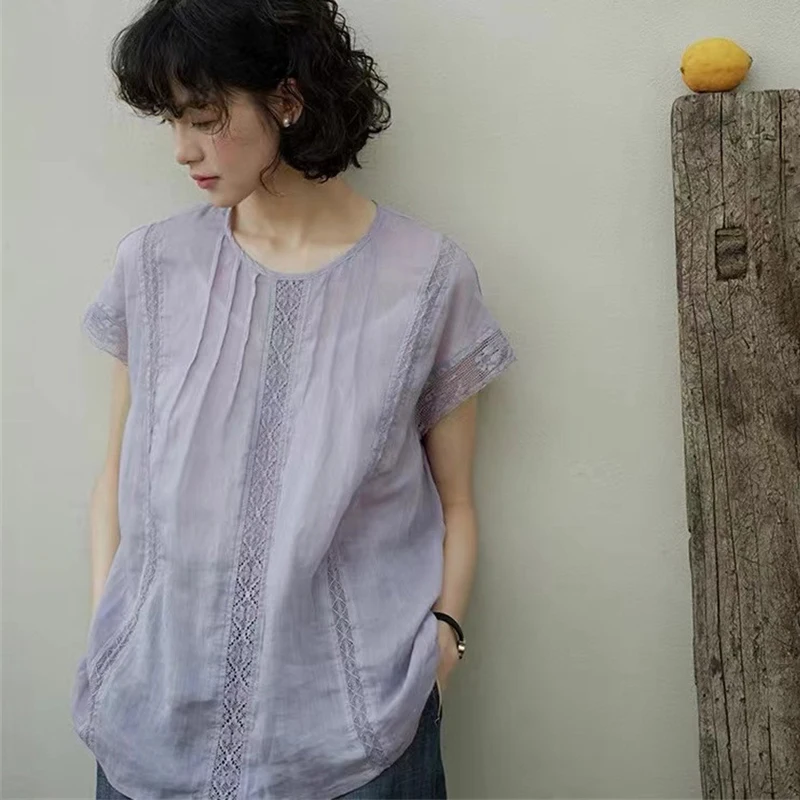 

Johnature Summer 2024 New French Stitched Sleeveless Cool Shirts Casual Loose Sheer Ramie Sunscreen Simple Shirts Women