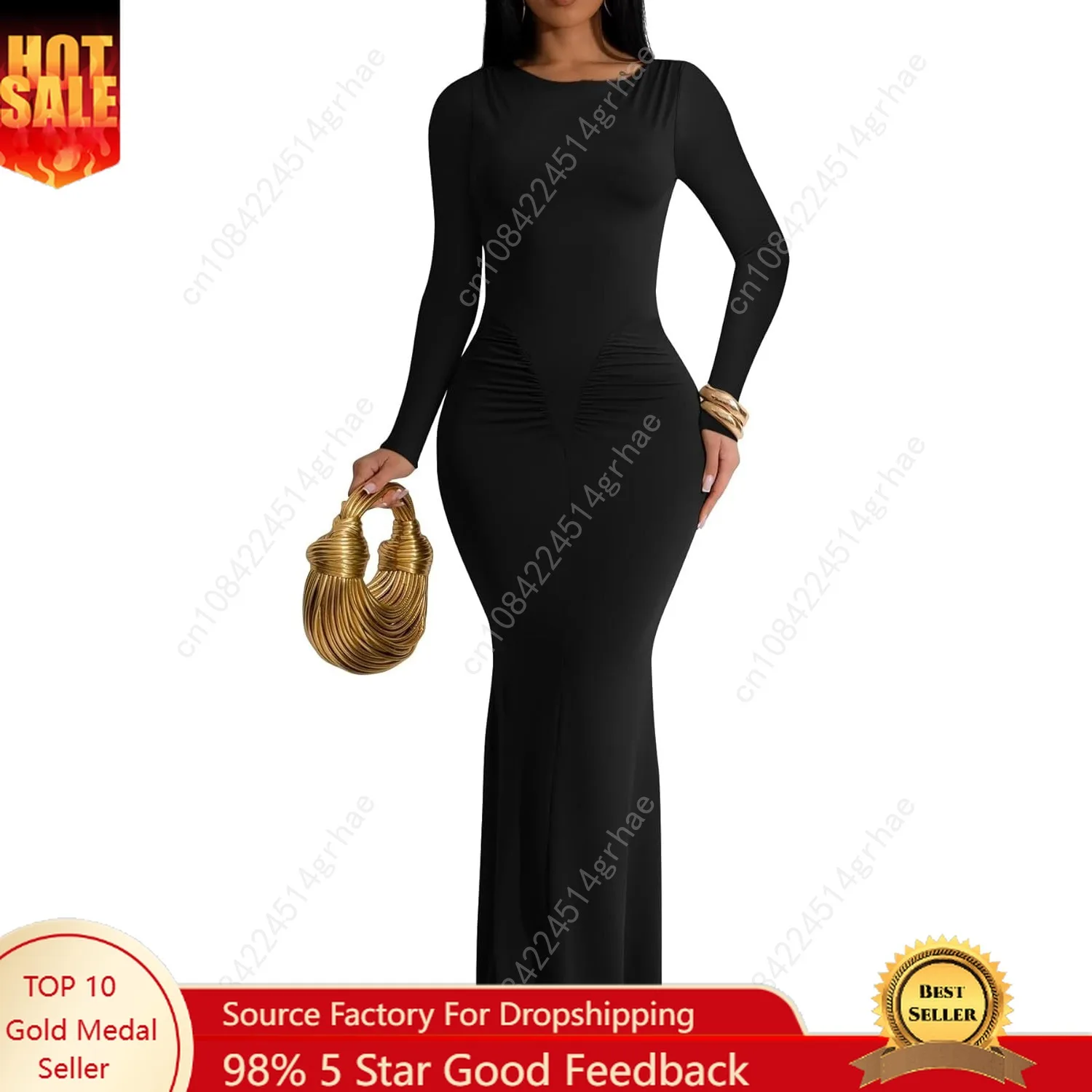 

Women's Elegant Crew Neck Long Sleeve Ruched Bodycon Evening Party Maxi Dress